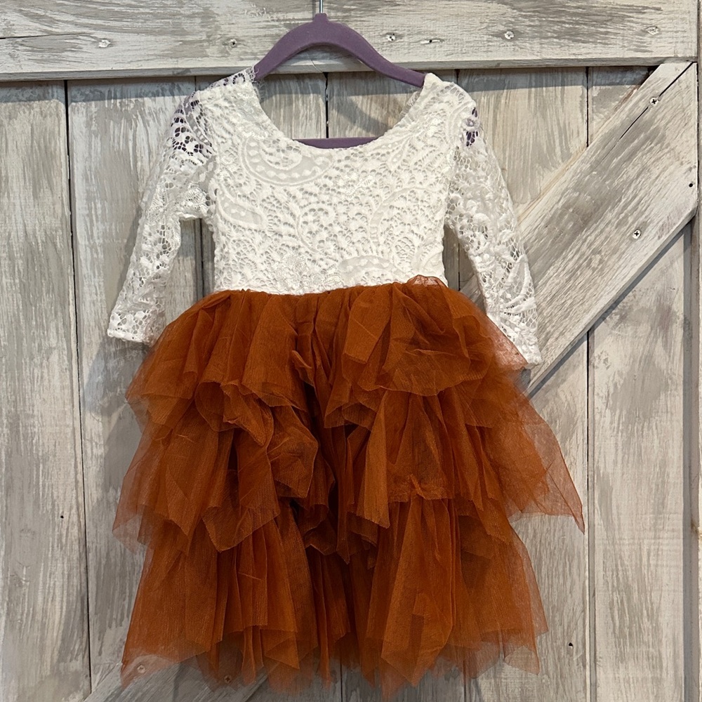 White Lace Top Rust Tulle Ruffle Dress